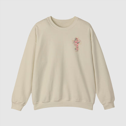 Custom Unisex Blooming Flower Cross Heavy Blend Crewneck Sweatshirt | PERSONALIZED - ChoreGirl