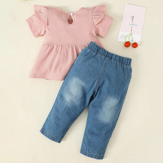 Baby Girl Round Neck Short Sleeved Top and Denim Pants Two-piece Outfit Set - ChoreGirl