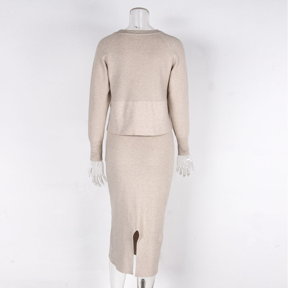 Women's Knitted Long Sleeved Jumper and Long Slit Skirt Outfit Set - ChoreGirl