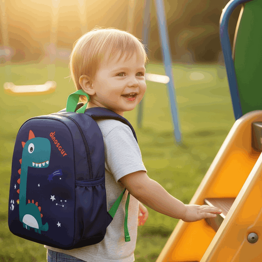 Children's backpack with a dinosaur design on a white background
