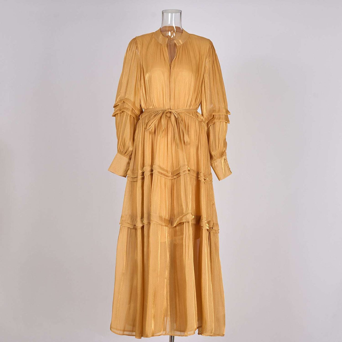 Women's V-neck Lantern Sleeve Fitted Waist Pleated Long Silk Dress with Belt