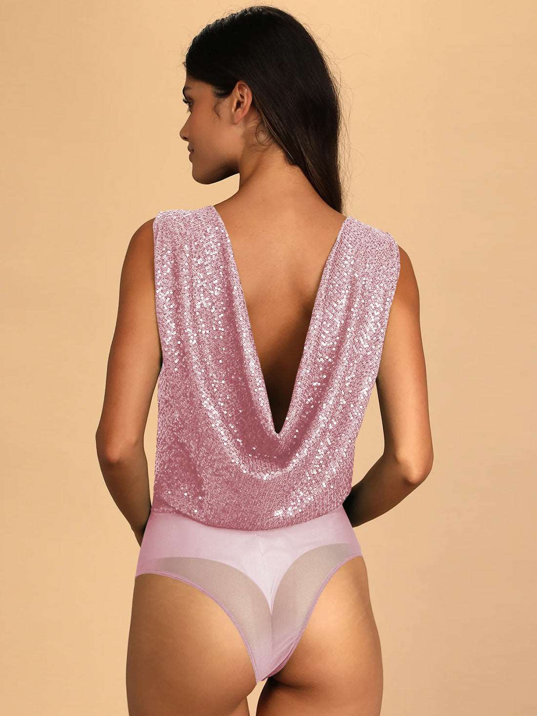 Women's Glitter Sequin Sleeveless Low Cut V-Neck Bodysuit - ChoreGirl