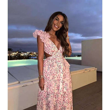 Women's Floral Pattern Ruffled Deep V-Neck Backless Dress - ChoreGirl