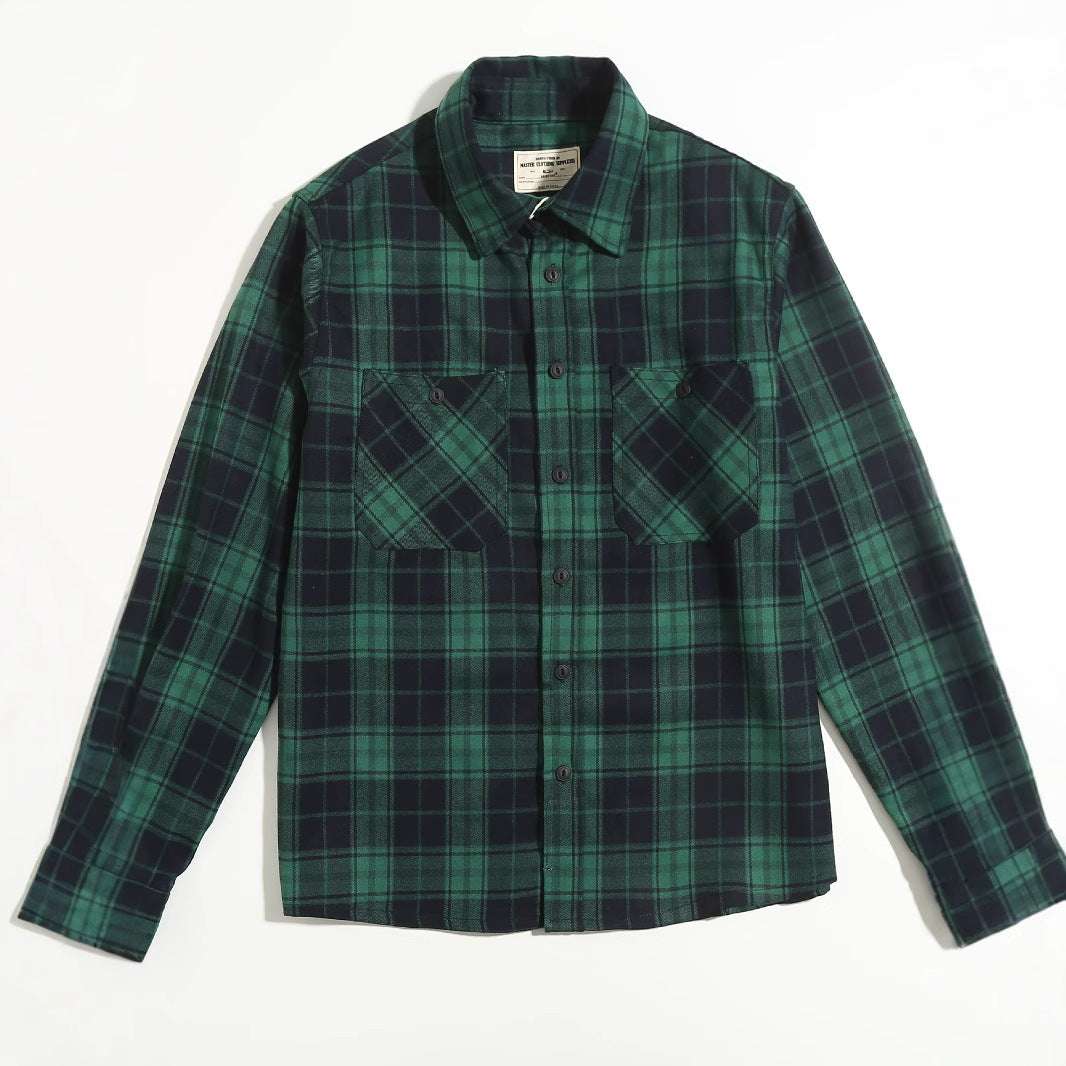 Men's Checkered Pattern Thickened Double Pocket Long Sleeve Button-up Shirt