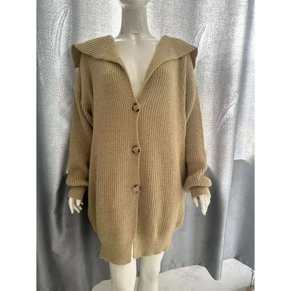 Women's Mid-length Lapel Collar Knitted Button-up Cardigan Jacket - ChoreGirl
