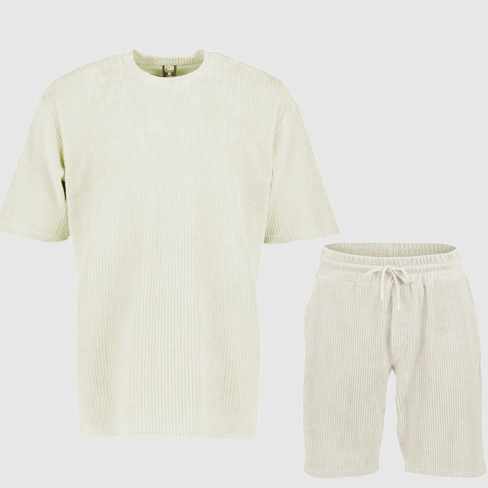 Men's Loose Solid Color Sports and Leisure Striped Short Sleeved T-Shirt and Shorts Outfit Set - ChoreGirl