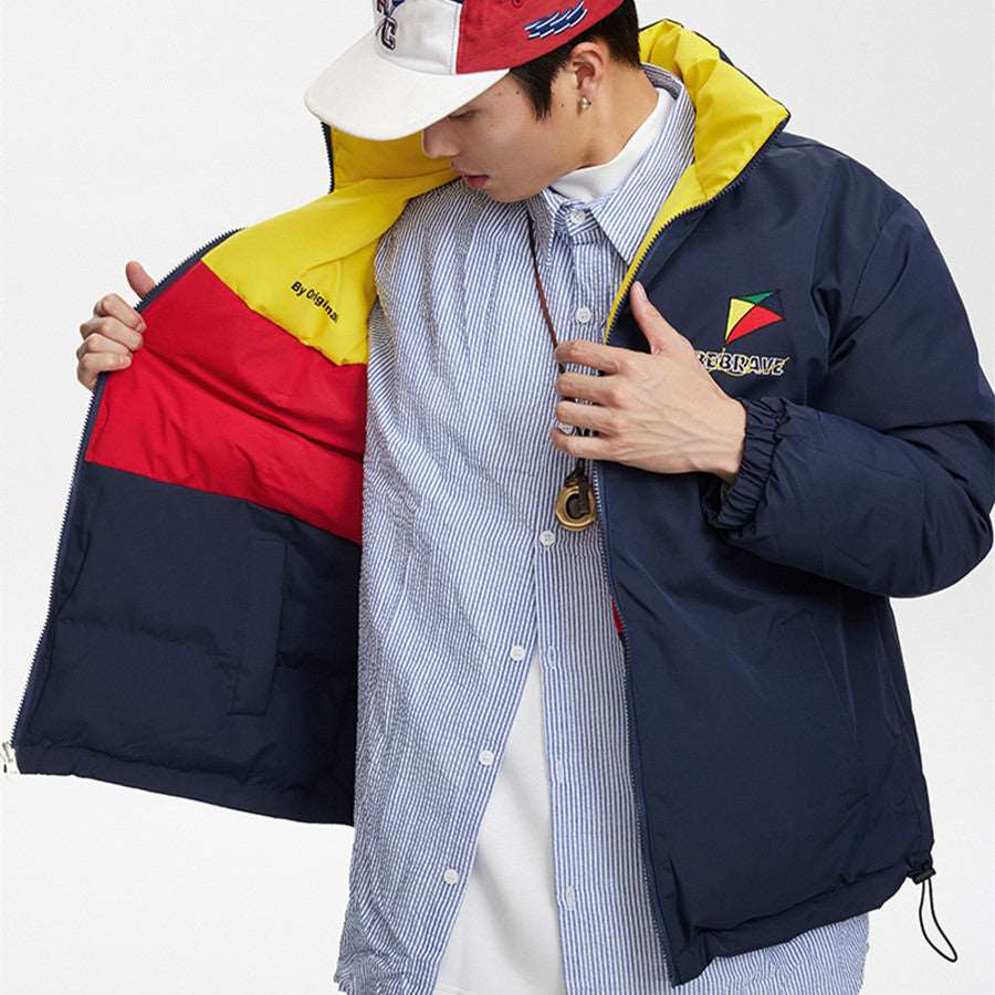 Unisex Couples Contrast Color Embroidered Stand Collar Coat - 2 in 1 wear - ChoreGirl
