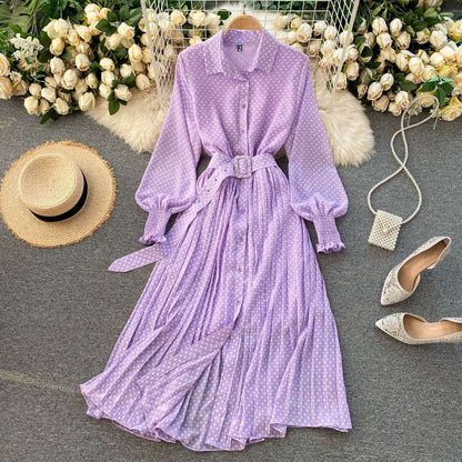 Women's French Style Long Sleeved Plated Skirt Dress - ChoreGirl