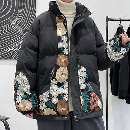 Men's Thickened Warm Embroidered Stand Collar Jacket - ChoreGirl