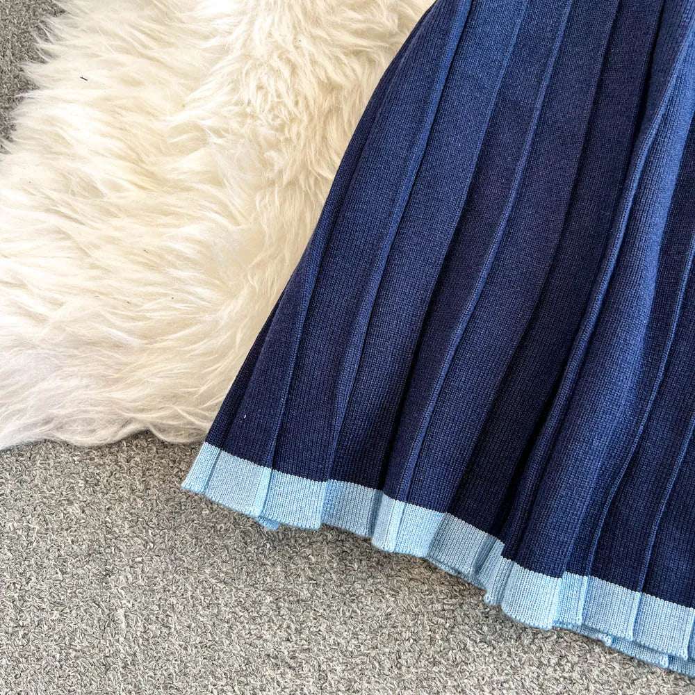 Women's Back to School Contrast Color V-neck Knitted Cardigan and Pleated Skirt Outfit Set