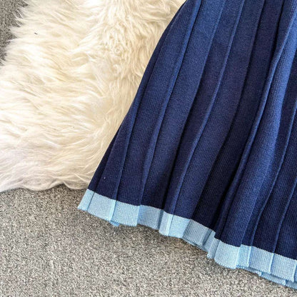 Women's Back to School Contrast Color V-neck Knitted Cardigan and Pleated Skirt Outfit Set