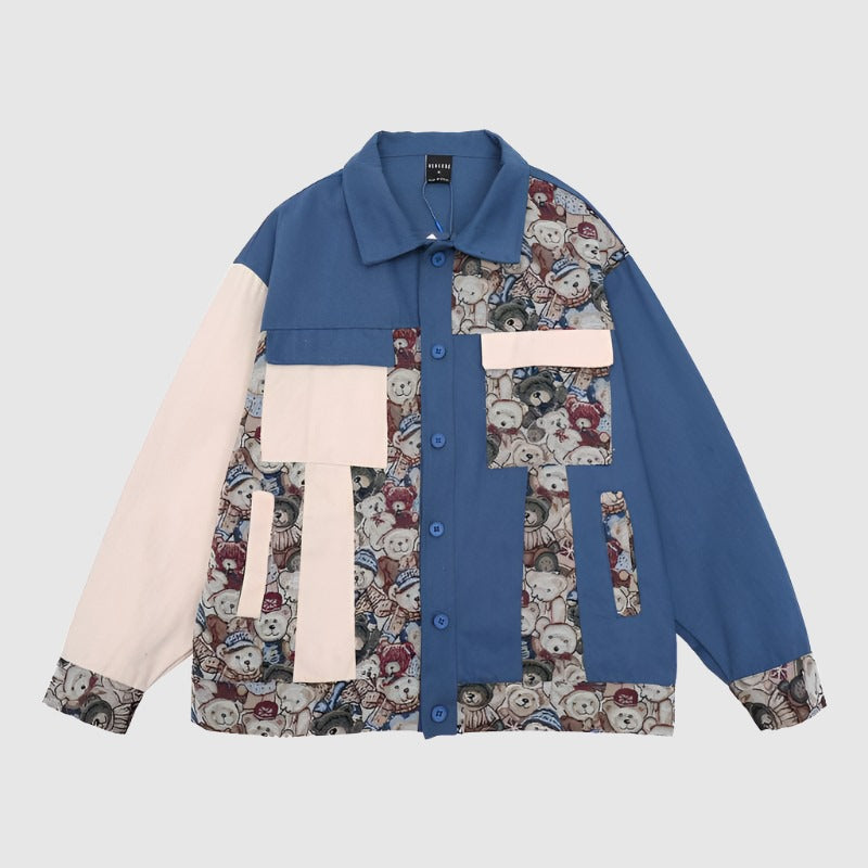 Men's Blue Stitching Patch Pattern Thin Button Up Shirt - ChoreGirl