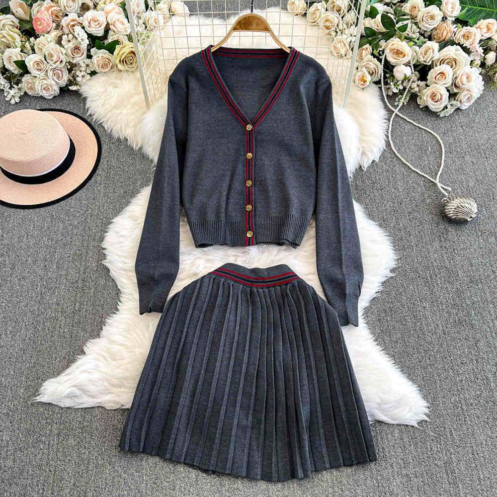 Women's Casual Back to School V-neck Knitted Cardigan and Pleated Skirt Two-piece Outfit Set - ChoreGirl
