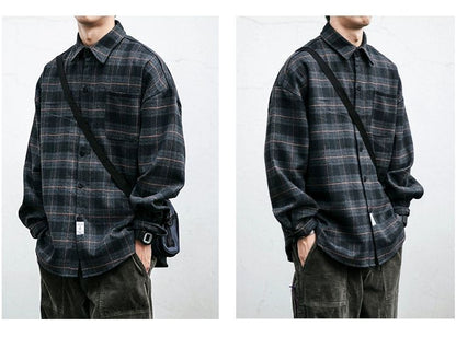 Men's Retro Pattern Long Sleeve Plaid Button-up Shirt - ChoreGirl