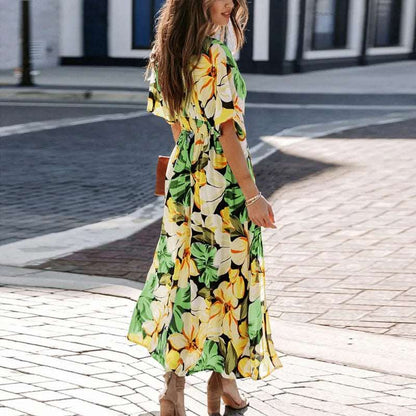 Women's Colorful Print Deep V-neck Split Dress - ChoreGirl