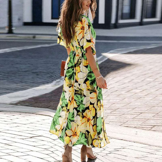 Women's Colorful Print Deep V-neck Split Dress - ChoreGirl