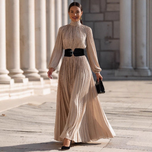 Women's French Style Elegant High Neck High Waist Long Dress with Belt