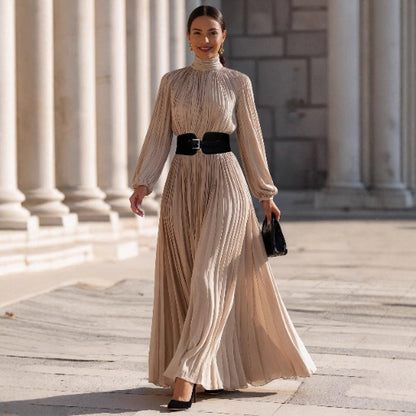Women's French Style Elegant High Neck High Waist Long Dress with Belt