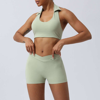 Women's Lapel Collar Sleeveless Top and Hip Lifting Pants or Shorts Sports Set - ChoreGirl
