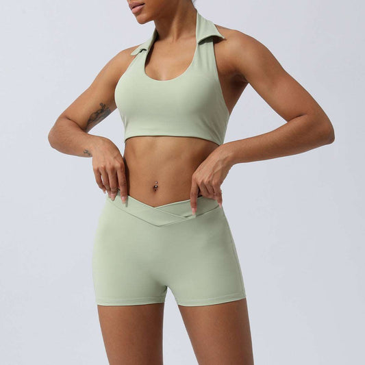Women's Lapel Collar Sleeveless Top and Hip Lifting Pants or Shorts Sports Set - ChoreGirl