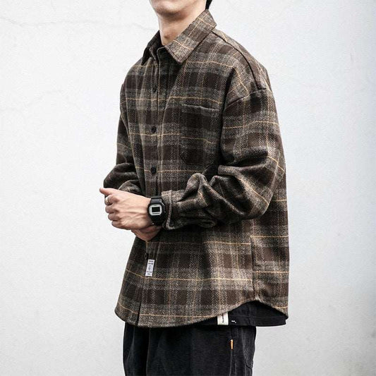 Men's Retro Pattern Long Sleeve Plaid Button-up Shirt - ChoreGirl