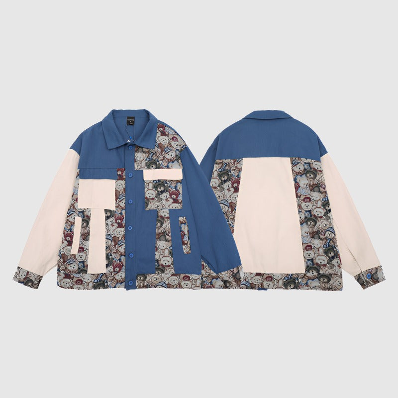 Men's Blue Stitching Patch Pattern Thin Button Up Shirt - ChoreGirl