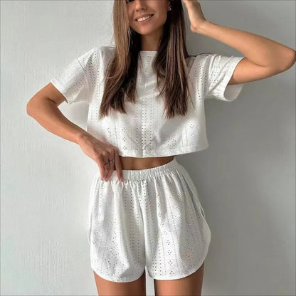 Women's Hollow-out Cropped T-Shirt and Shorts Two-piece Pajamas Set - ChoreGirl