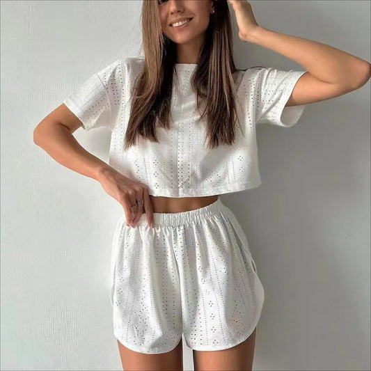 Women's Hollow-out Cropped T-Shirt and Shorts Two-piece Pajamas Set - ChoreGirl