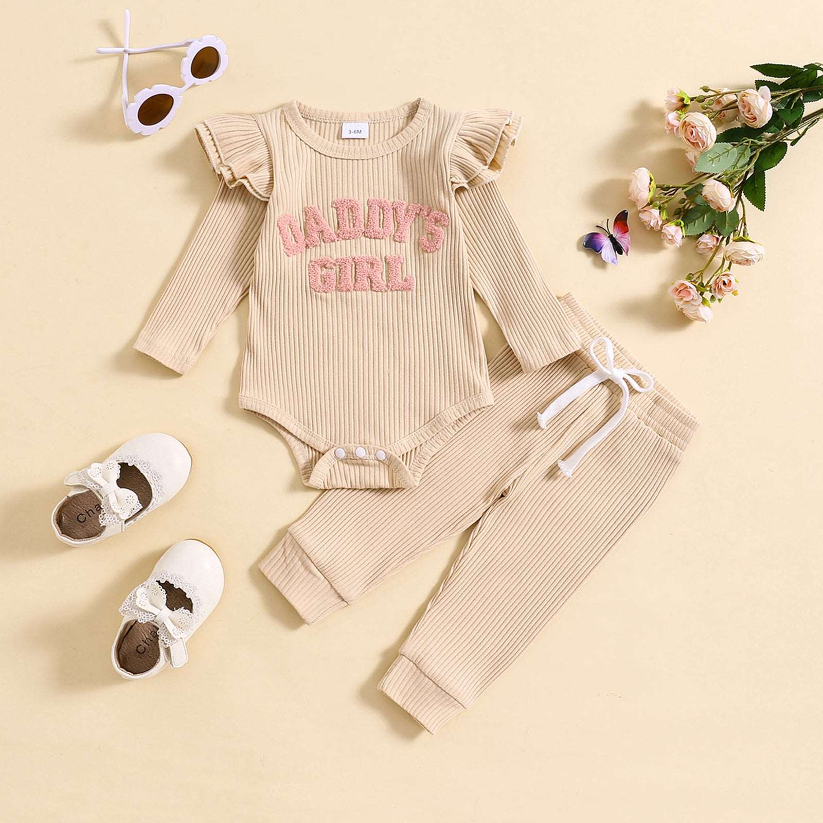 Baby Girl Cute Candy Color Striped and Letter Embroidered Outfit Set - ChoreGirl