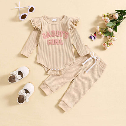 Baby Girl Cute Candy Color Striped and Letter Embroidered Outfit Set - ChoreGirl