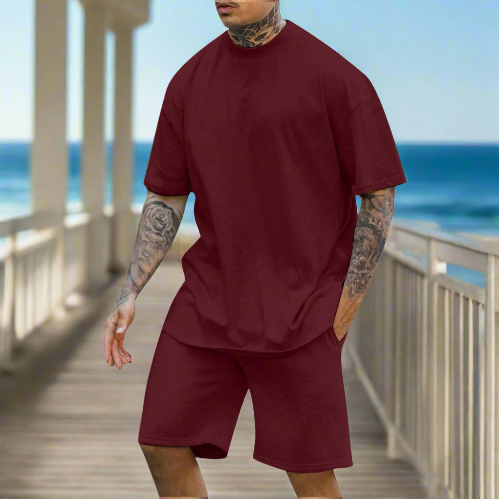 Men's Casual Comfortable Round Neck Drop Shoulder Short Sleeved T-shirt and Shorts Two-piece Outfit Set - ChoreGirl
