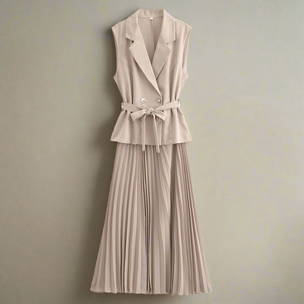 Women's Fashion-forward Double Breasted Vest and Pleated Skirt Dress with Belt - ChoreGirl
