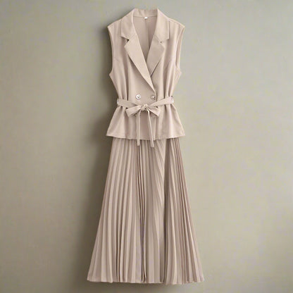 Women's Fashion-forward Double Breasted Vest and Pleated Skirt Dress with Belt - ChoreGirl
