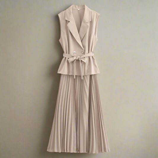 Women's Fashion-forward Double Breasted Vest and Pleated Skirt Dress with Belt - ChoreGirl