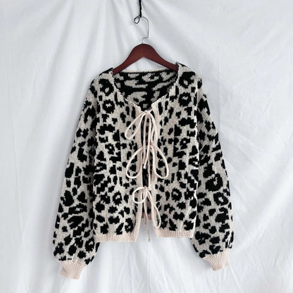 Women's Vintage Look Round Neck Leopard Print Knitted Cardigan with Tie-up Closure