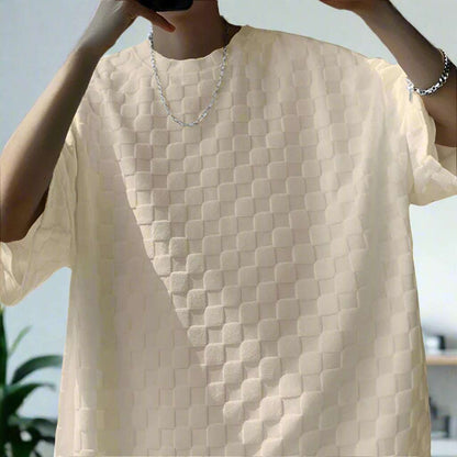 Men's Casual Loose Jacquard Plaid Short Sleeved T-Shirt and Shorts Outfit Set - ChoreGirl