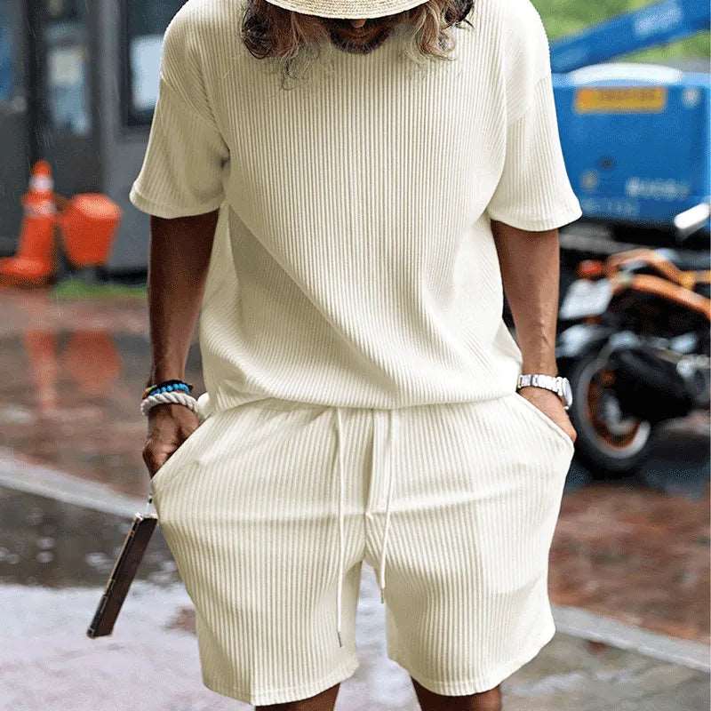 Men's Loose Solid Color Sports and Leisure Striped Short Sleeved T-Shirt and Shorts Outfit Set - ChoreGirl