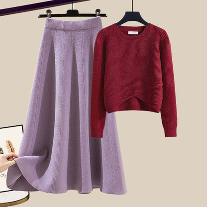 Women's Warm Irregular Style Knitted Sweater and Skirt Outfit Set