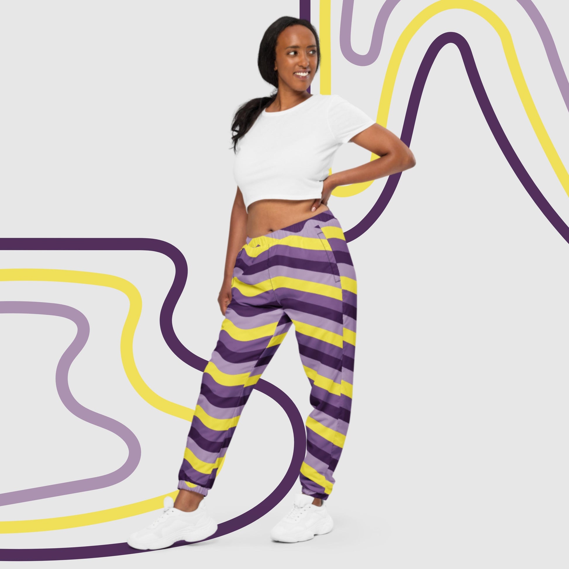 Custom Unisex Retro Purple Wavy Lines Track Pants | PERSONALIZED - ChoreGirl