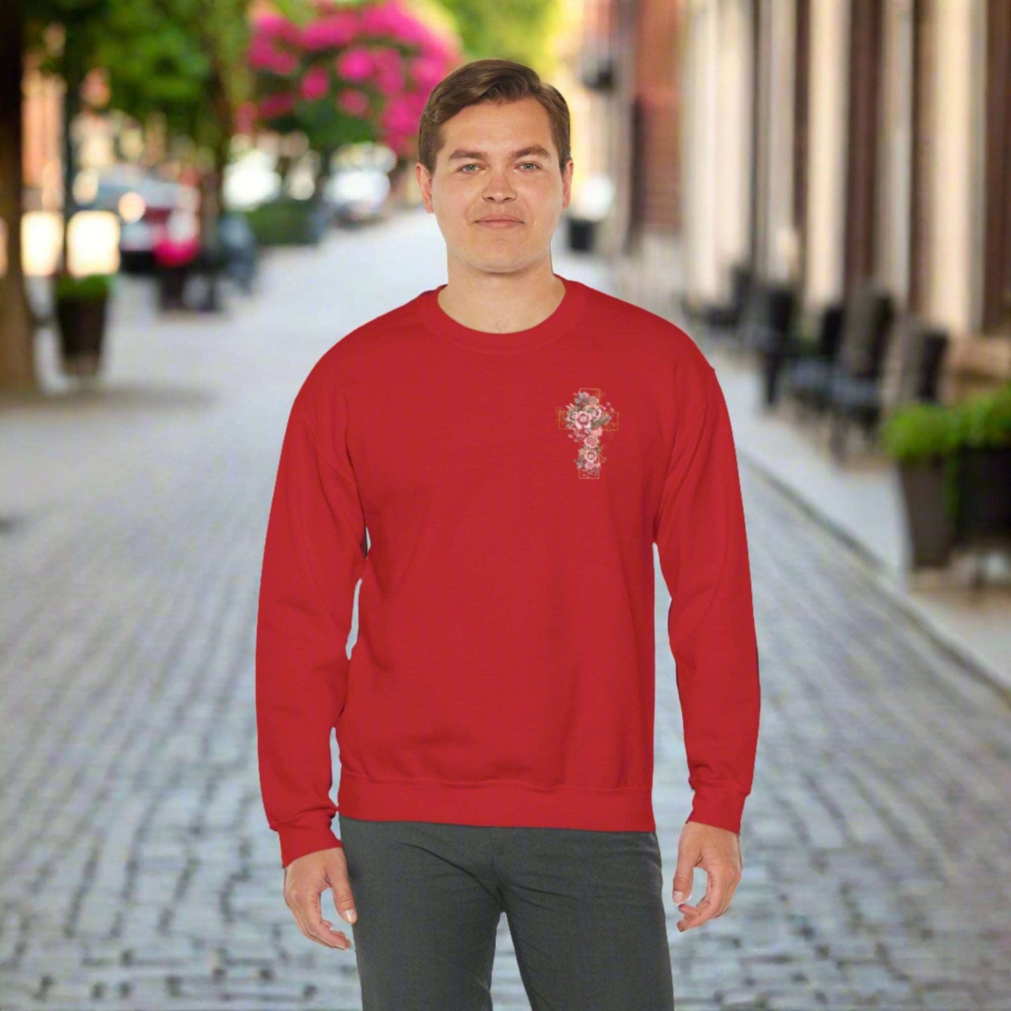 Custom Unisex Blooming Flower Cross Heavy Blend Crewneck Sweatshirt | PERSONALIZED - ChoreGirl
