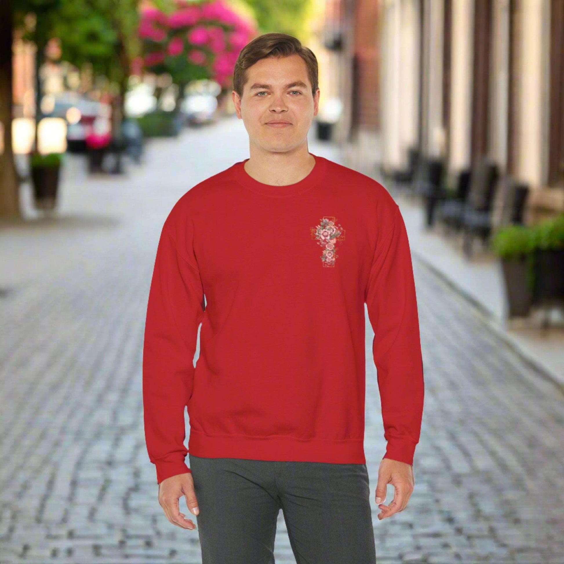 Custom Unisex Blooming Flower Cross Heavy Blend Crewneck Sweatshirt | PERSONALIZED - ChoreGirl