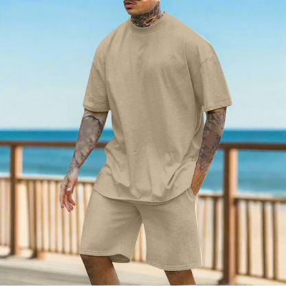 Men's Casual Comfortable Round Neck Drop Shoulder Short Sleeved T-shirt and Shorts Two-piece Outfit Set - ChoreGirl