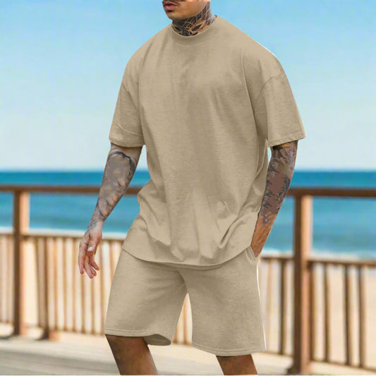 Men's Casual Comfortable Round Neck Drop Shoulder Short Sleeved T-shirt and Shorts Two-piece Outfit Set - ChoreGirl