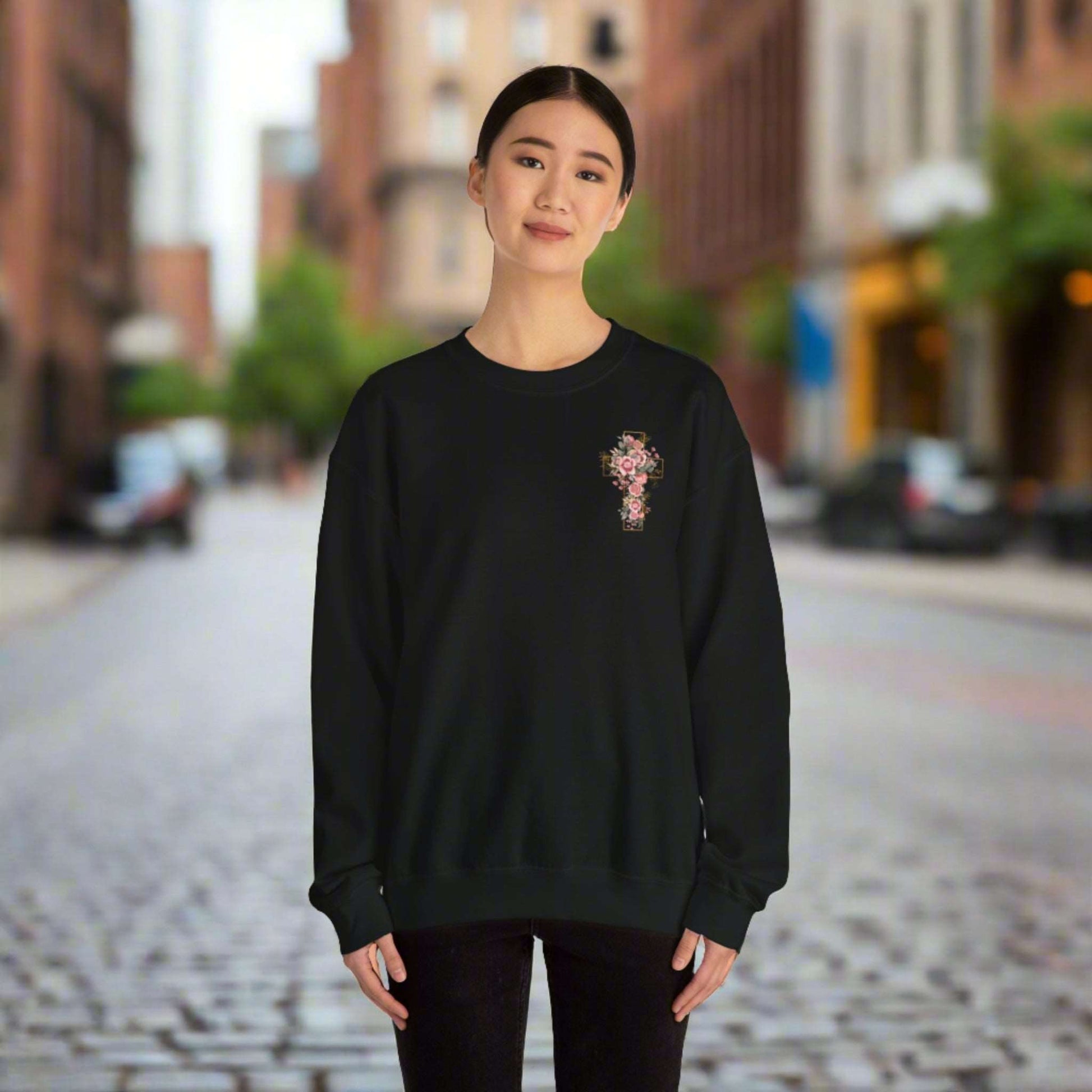 Custom Unisex Blooming Flower Cross Heavy Blend Crewneck Sweatshirt | PERSONALIZED - ChoreGirl