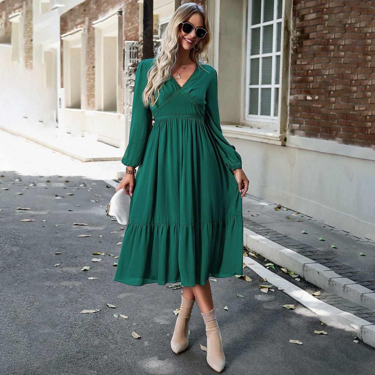 Women's Elegant Long V-neck Dress - ChoreGirl