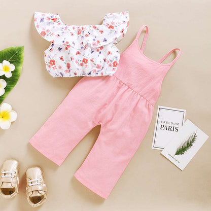 Baby Girl Floral Sleeveless Top and Solid Color Suspender Pants Two-piece Outfit Set - ChoreGirl