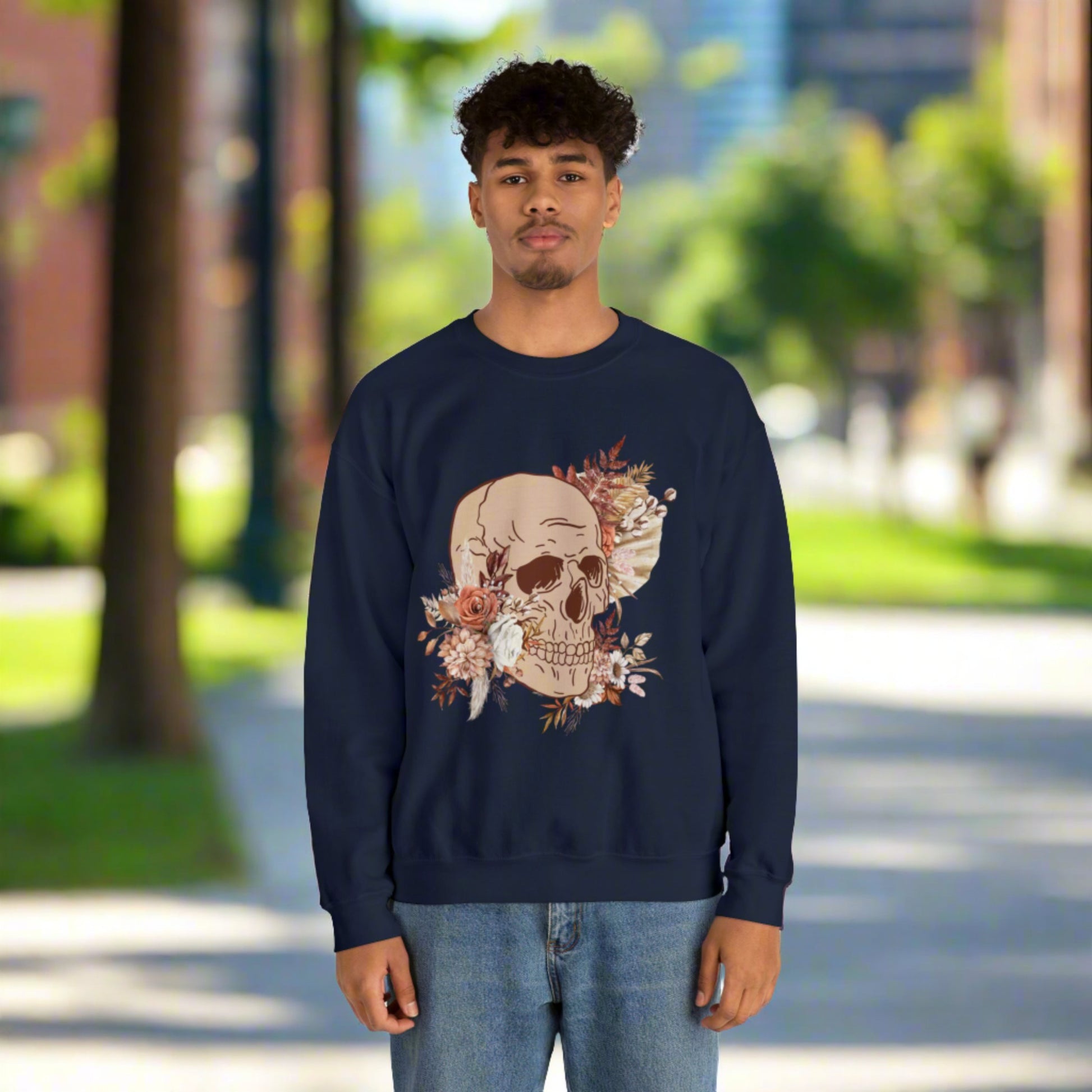 Custom Unisex Vintage Skull and Flower Heavy Blend Crewneck Sweatshirt | PERSONALIZED - ChoreGirl