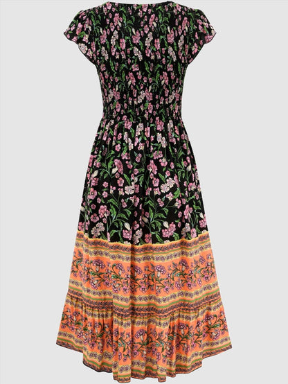 Women's Casual Bohemian Flower Print V-neck Ruffle Sleeveless Dress - ChoreGirl