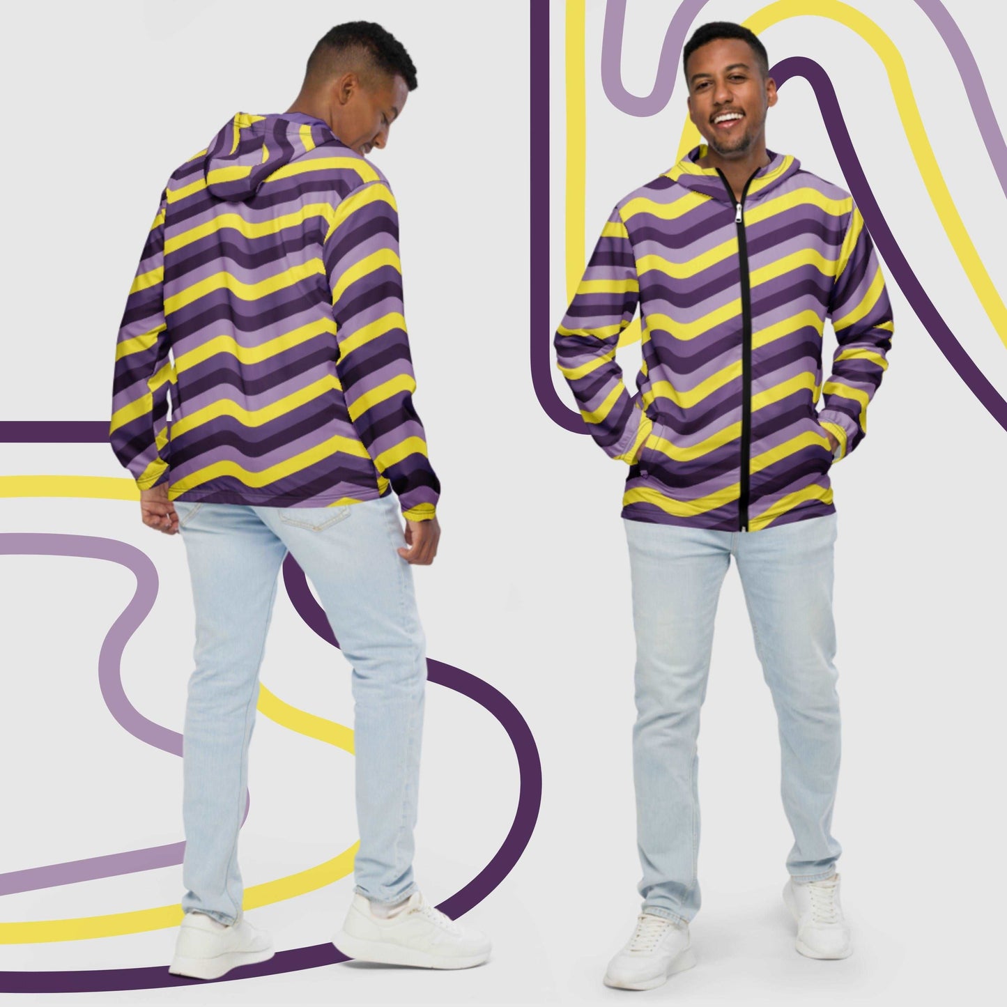 Custom Men’s Retro Wavy Lines Windbreaker Jacket | PERSONALIZED - ChoreGirl