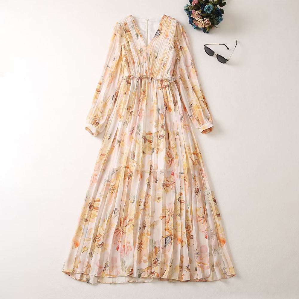 Women's Elegant Long Sleeved Pleated V-neck Dress - ChoreGirl